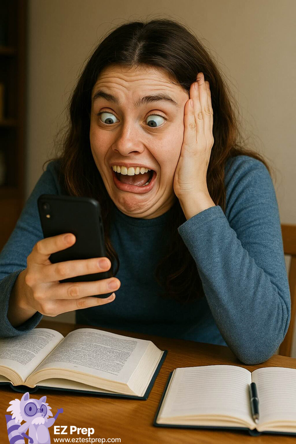 Counseling student reviewing notes for the NCE exam at a study desk with textbooks and coffee