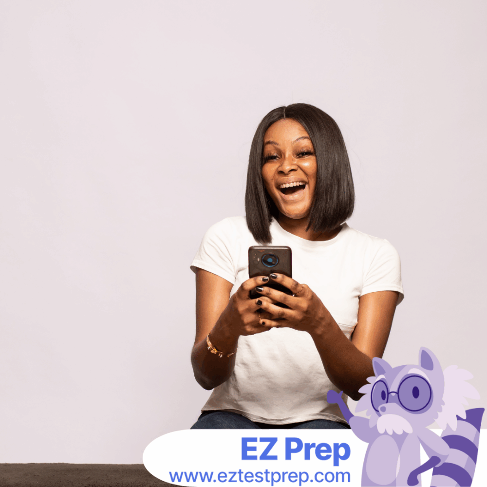 Aspiring esthetician studying with flashcards and phone app to prepare for the State Board Exam