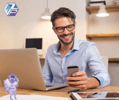 IT student using EZ Prep app to study for CompTIA+ exam on laptop and mobile device