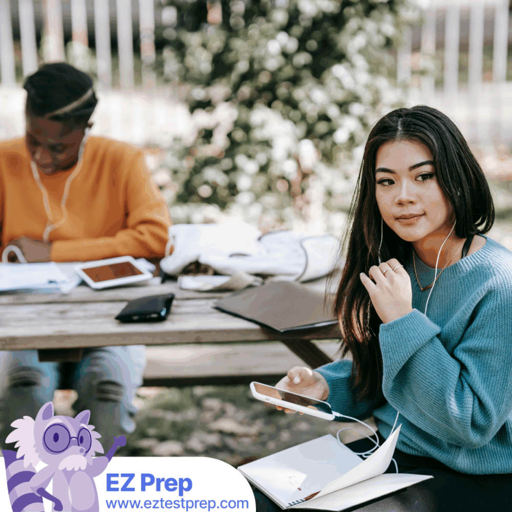 Person studying U.S. citizenship civics questions on the EZ Prep app with American flag in background