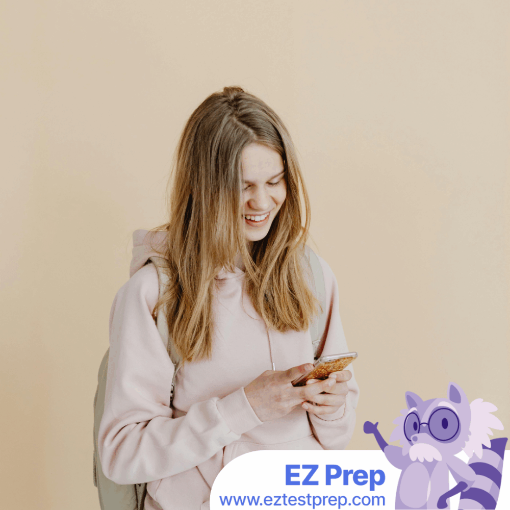 Massage therapy student reviewing MBLEx practice questions on EZ Prep app with anatomy textbook open