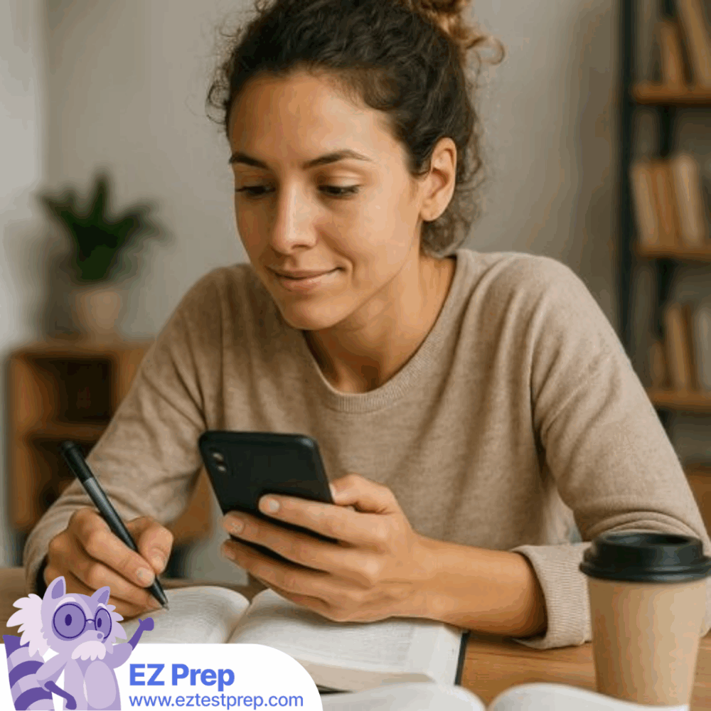 Physical therapy student using EZ Prep app to study for NPTE with anatomy notes and laptop nearby