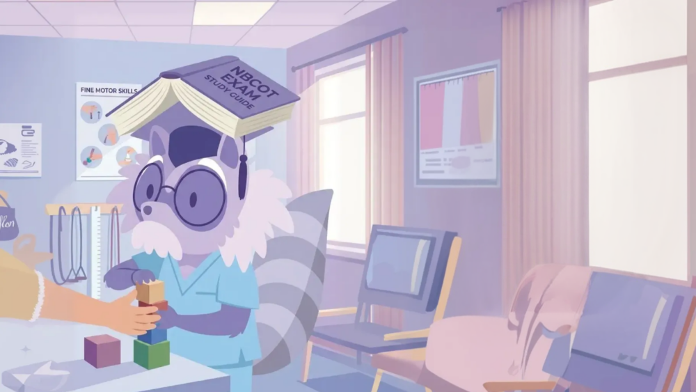 Occupational therapy student studying for the NBCOT exam with therapy notes, practice questions, and organized study materials