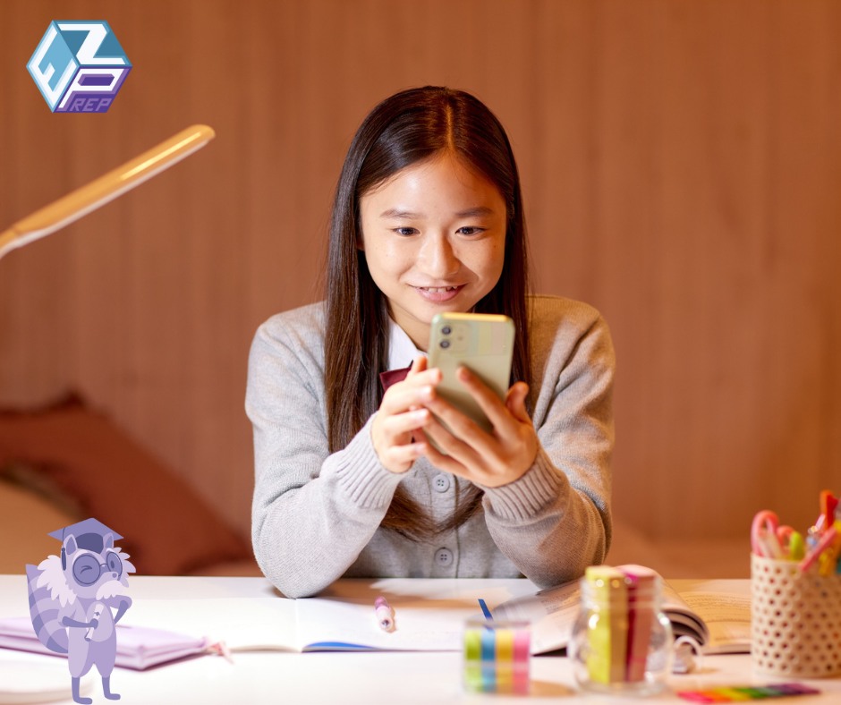 Student preparing for the ACT exam with study notes, practice questions, and the EZ Test Prep app on a smartphone.