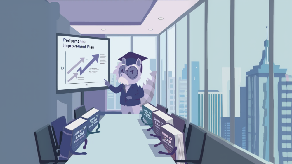 HR professional studying SHRM-CP practice questions with competency framework notes and laptop on desk