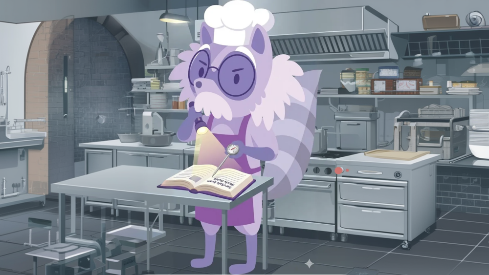 Food service professional studying ServSafe practice questions with food safety manual and HACCP notes on desk