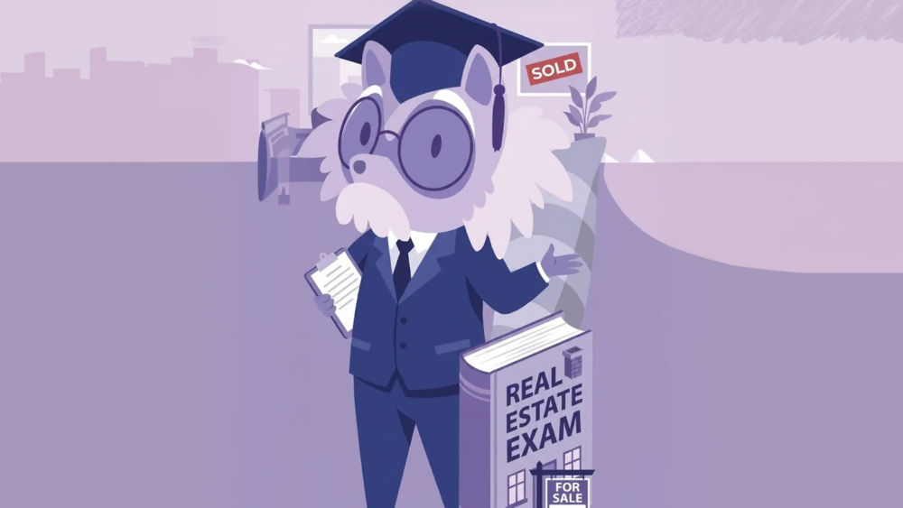 Real estate exam candidate studying licensing practice questions with textbooks, notes, and laptop on desk