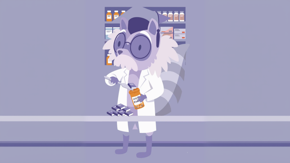 Pharmacy technician student studying PTCE practice questions with medication calculation notes and laptop on desk