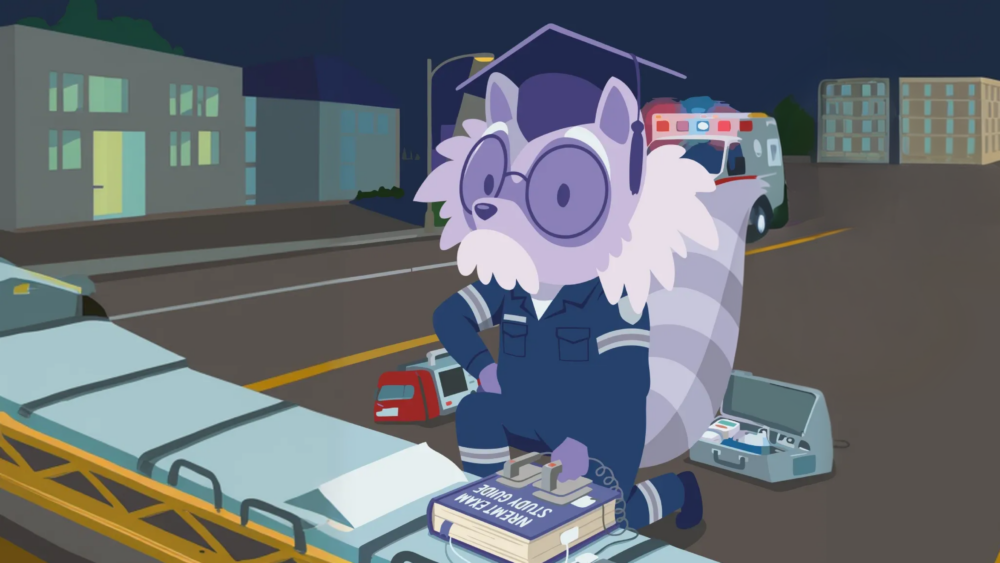 EMT student studying NREMT practice questions with EMS textbook and laptop at desk