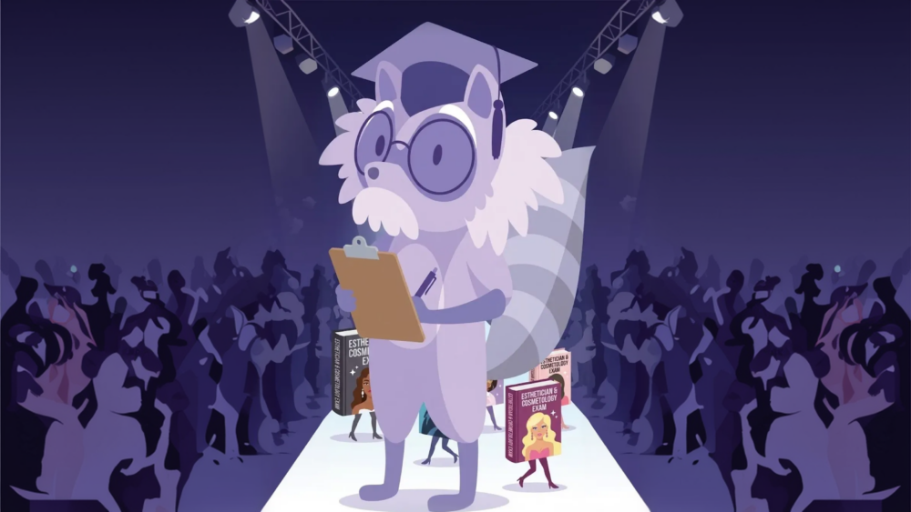 Cosmetology student studying sanitation rules and state board exam materials at a desk with beauty tools nearby