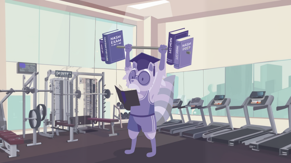 Student studying for the NASM CPT exam with OPT model notes, anatomy textbook, and fitness programming materials