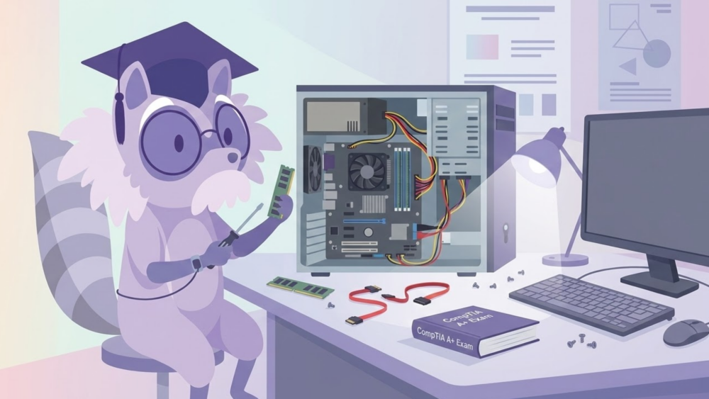 CompTIA A+ exam study guide with IT student reviewing hardware, networking, troubleshooting, and operating system concepts during focused preparation