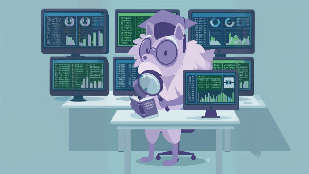 Student studying medical coding exam materials with ICD and CPT books open on desk