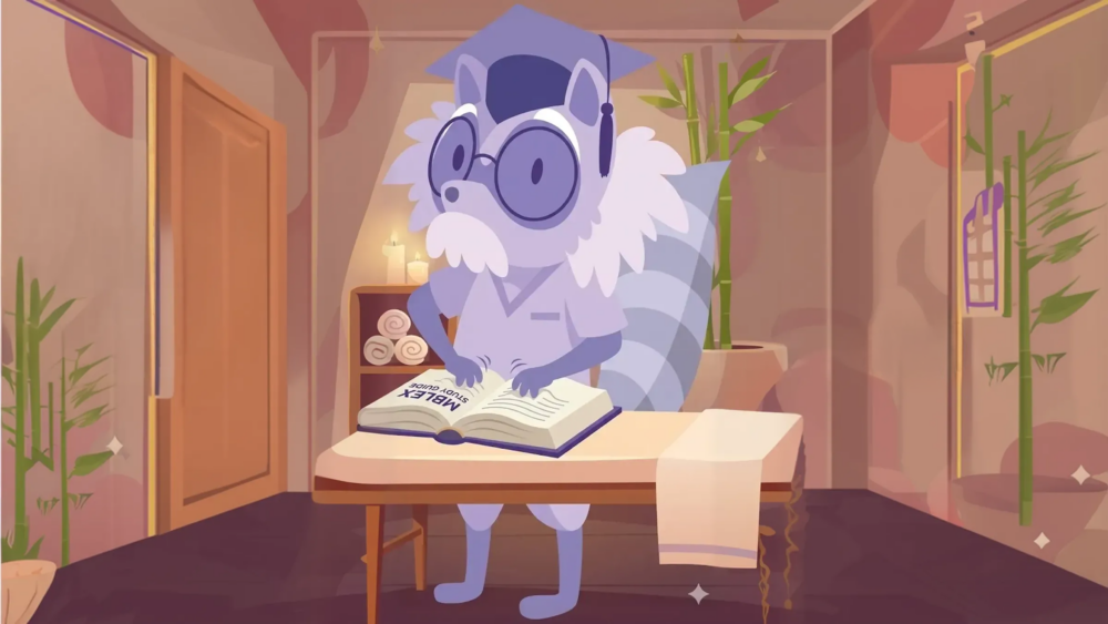 Massage therapy student studying anatomy charts and MBLEX exam materials at a desk with muscle diagrams visible