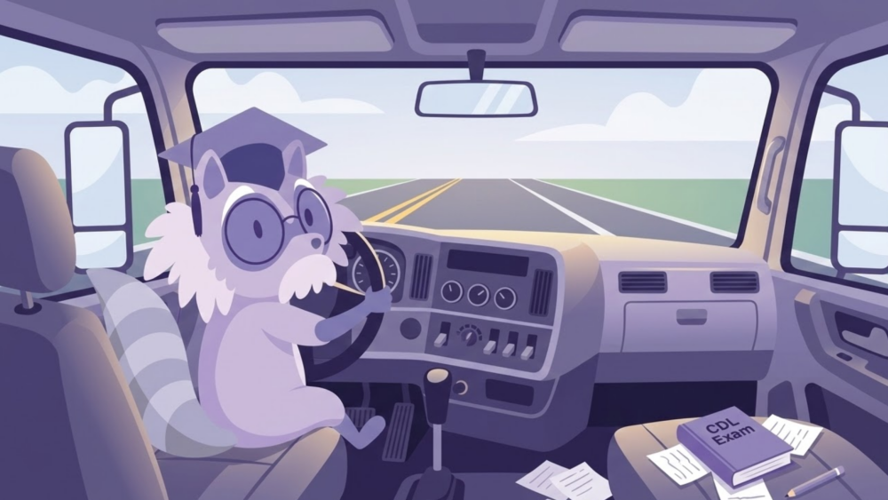 CDL exam study guide with commercial driver candidate reviewing safety regulations, inspection steps, and road rules during focused preparation