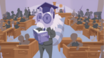 Law school applicant studying LSAT practice questions with logic games and timed test materials on desk