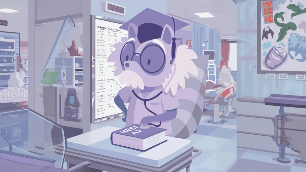 Nursing student studying for the HESI A2 exam with textbooks, calculator, and practice test materials on desk